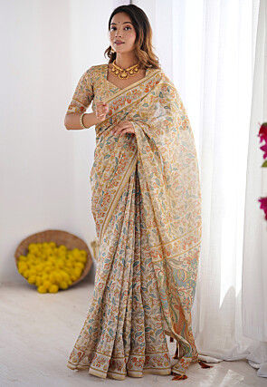 Digital Printed Cotton Saree in Cream