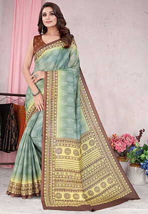 Block Printed Cotton Saree in Dusty Green