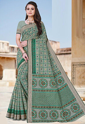 Digital printed Cotton Saree in Dusty Green