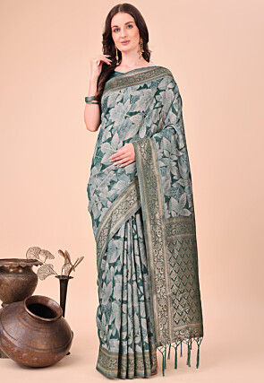 Digital Printed Cotton Saree in Dusty Green