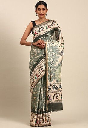 Warli Printed Cotton Saree in Dusty Green