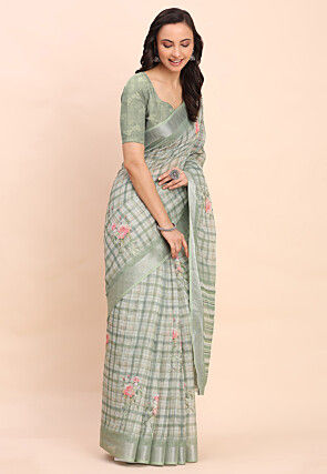 Digital Printed Cotton Saree in Dusty Green