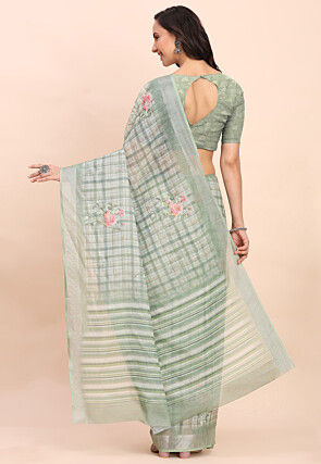 Digital Printed Cotton Saree in Dusty Green
