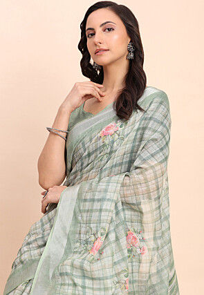 Digital Printed Cotton Saree in Dusty Green
