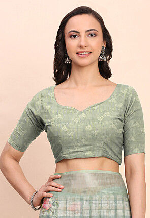 Digital Printed Cotton Saree in Dusty Green