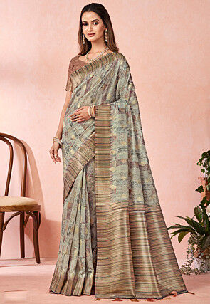 Digital Printed Cotton Saree in Dusty Green