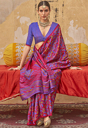 Digital Printed Cotton Saree in Fuchsia