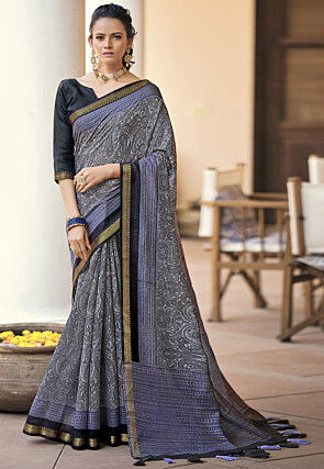 Digital Printed Cotton Saree in Grey and Blue