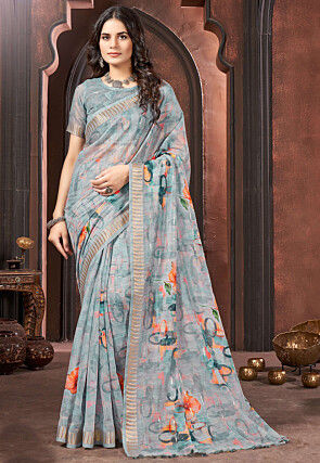 Digital Printed Cotton Saree in Grey
