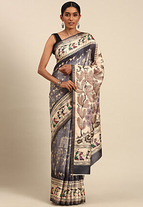 Warli Printed Cotton Saree in Grey