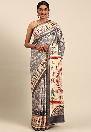 Warli Printed Cotton Saree in Grey