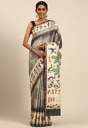 Warli Printed Cotton Saree in Grey
