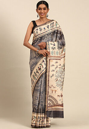 Warli Printed Cotton Saree in Grey