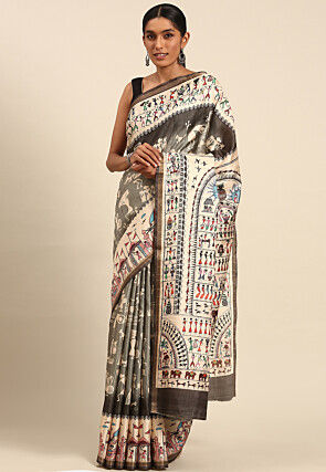 Warli Printed Cotton Saree in Grey