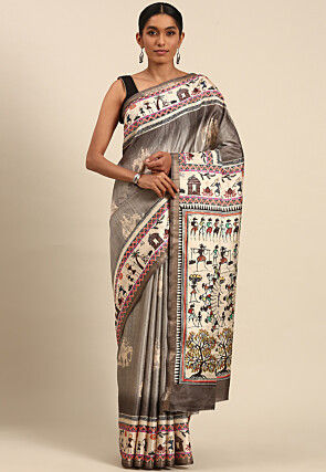 Warli Printed Cotton Saree in Grey