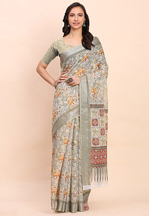 Digital Printed Cotton Saree in Grey