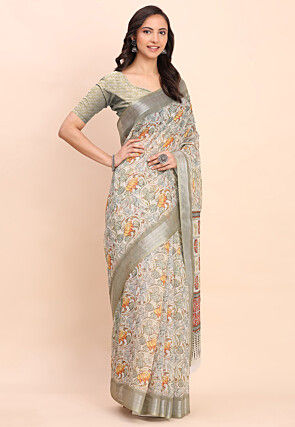 Digital Printed Cotton Saree in Grey