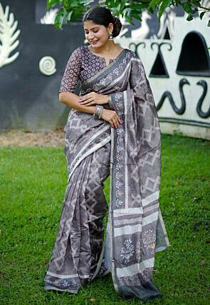 Batik Printed Cotton Saree in Grey