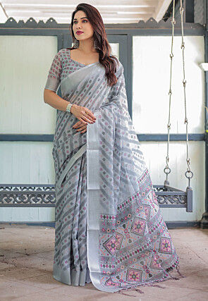 Digital Printed Cotton Saree in Grey
