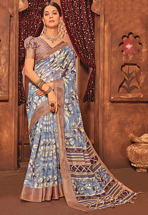 Digital Printed Cotton Saree in Indigo Blue