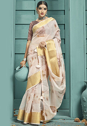 Digital Printed Organza Saree in Light Beige