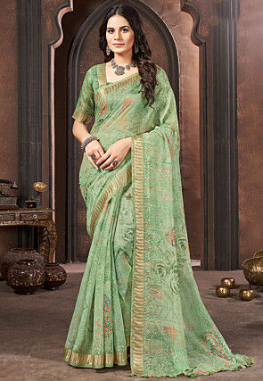 Digital Printed Cotton Saree in Light Green