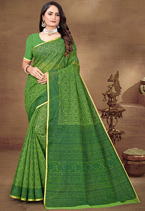 Digital Printed Cotton Saree in Light Green