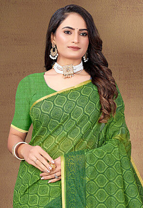 Digital Printed Cotton Saree in Light Green
