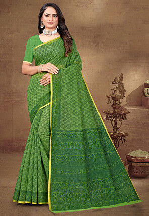 Digital Printed Cotton Saree in Light Green