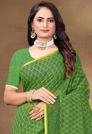 Digital Printed Cotton Saree in Light Green