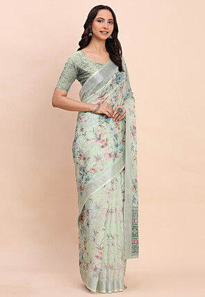 Digital Printed Cotton Saree in Light Green
