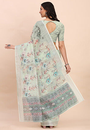 Digital Printed Cotton Saree in Light Green