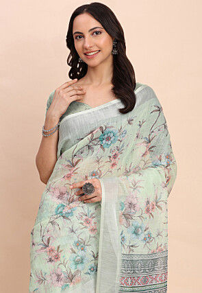 Digital Printed Cotton Saree in Light Green