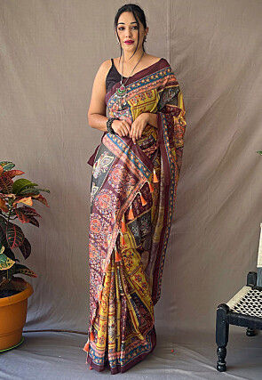 Digital Printed Cotton Saree in Light Olive Green
