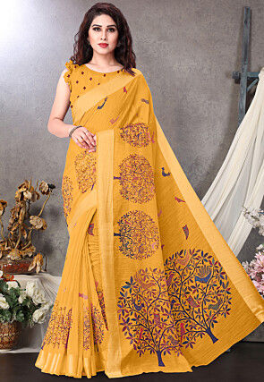 Digital Printed Cotton Saree in Mustard