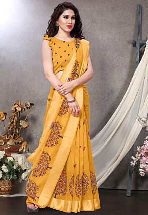 Digital Printed Cotton Saree in Mustard