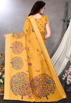 Digital Printed Cotton Saree in Mustard