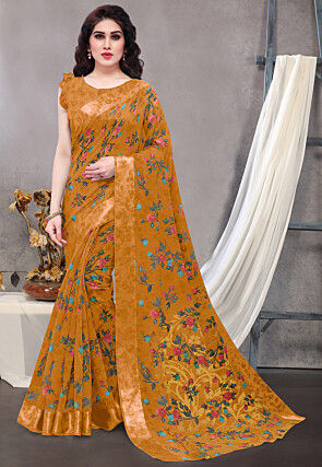 Digital Printed Cotton Saree in Mustard