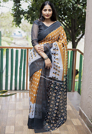 Digital Printed Cotton Saree in Mustard