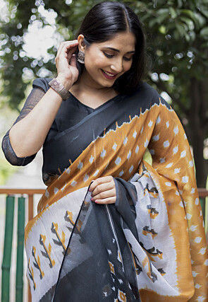 Digital Printed Cotton Saree in Mustard