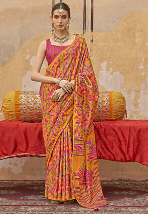 Digital Printed Cotton Saree in Mustard