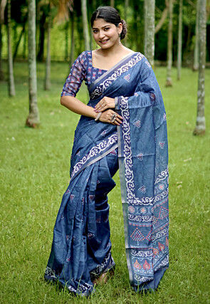 Batik Printed Cotton Saree in Navy Blue