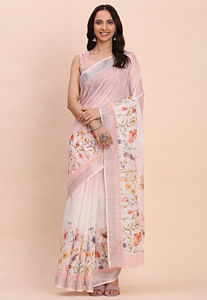 Digital Printed Cotton Saree in Off White and Light Pink