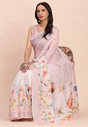 Digital Printed Cotton Saree in Off White and Light Pink