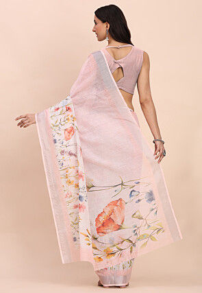Digital Printed Cotton Saree in Off White and Light Pink