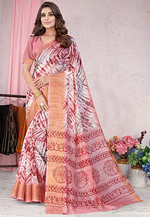 Digital Printed Cotton Saree in Off White and Pink