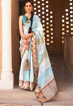 Digital Printed Cotton Saree in Off White and Sky Blue