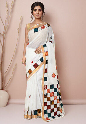 Digital Printed Cotton Saree in Off White