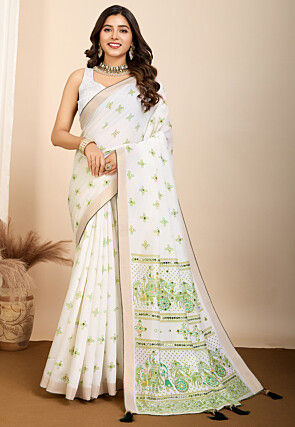 Digital Printed Cotton Saree in Off White