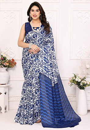 Digital Printed Cotton Saree in Off White